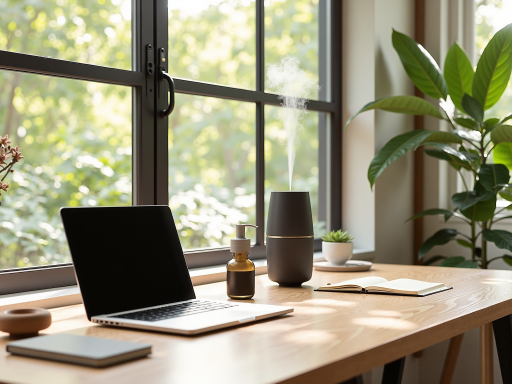 Modern minimalist workspace with premium products on wooden surface, soft natural lighting, clean lines