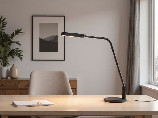 Minimalist desk lamp with adjustable arm, metallic finish, modern office setting