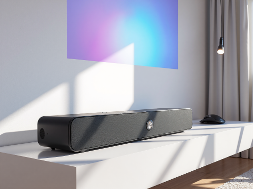 Modern wireless speaker with sleek design, black finish, placed on white surface